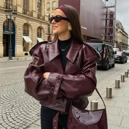 Viral Bordeaux Biker Jacket - Stylish Short Lapel Long-Sleeve Outerwear - Eternelle.shop